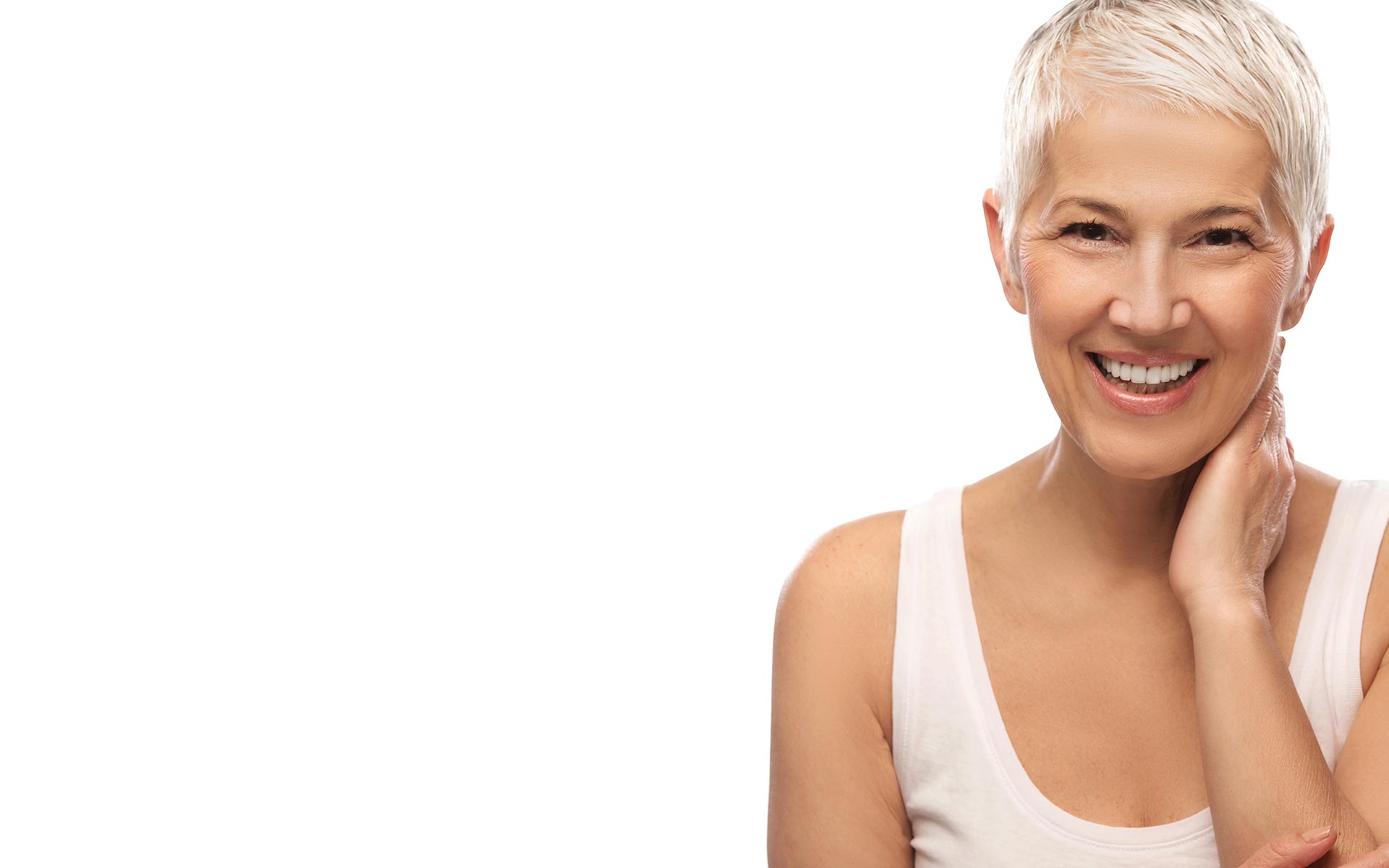 A woman smiling