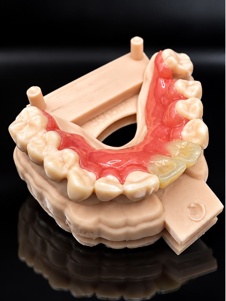 Angled view of a pink partial denture and replacement teeth on a dental model