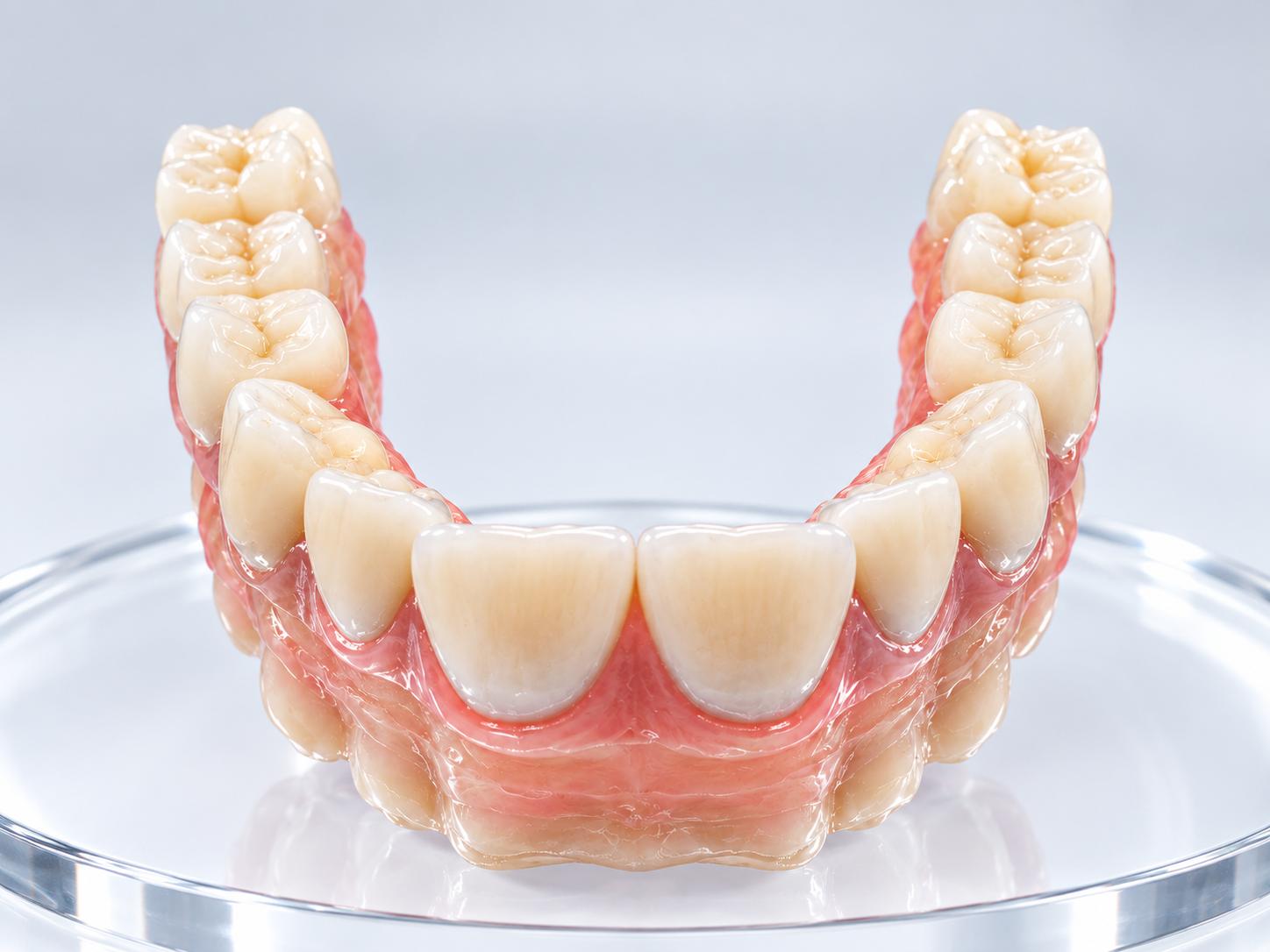Front view of an implant-supported full-arch restoration with tooth-coloured teeth and a pink base