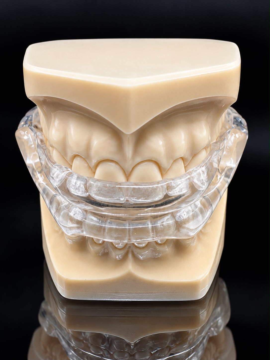 Clear upper and lower Dorsal sleep appliance seated on dental models