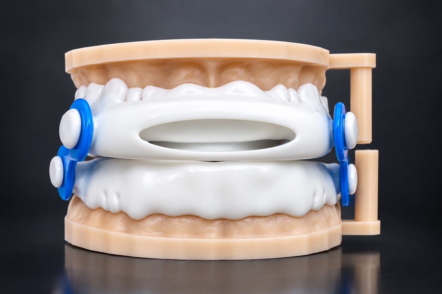 White Nylon iFlo-Plus sleep appliance with blue side connectors on dental models